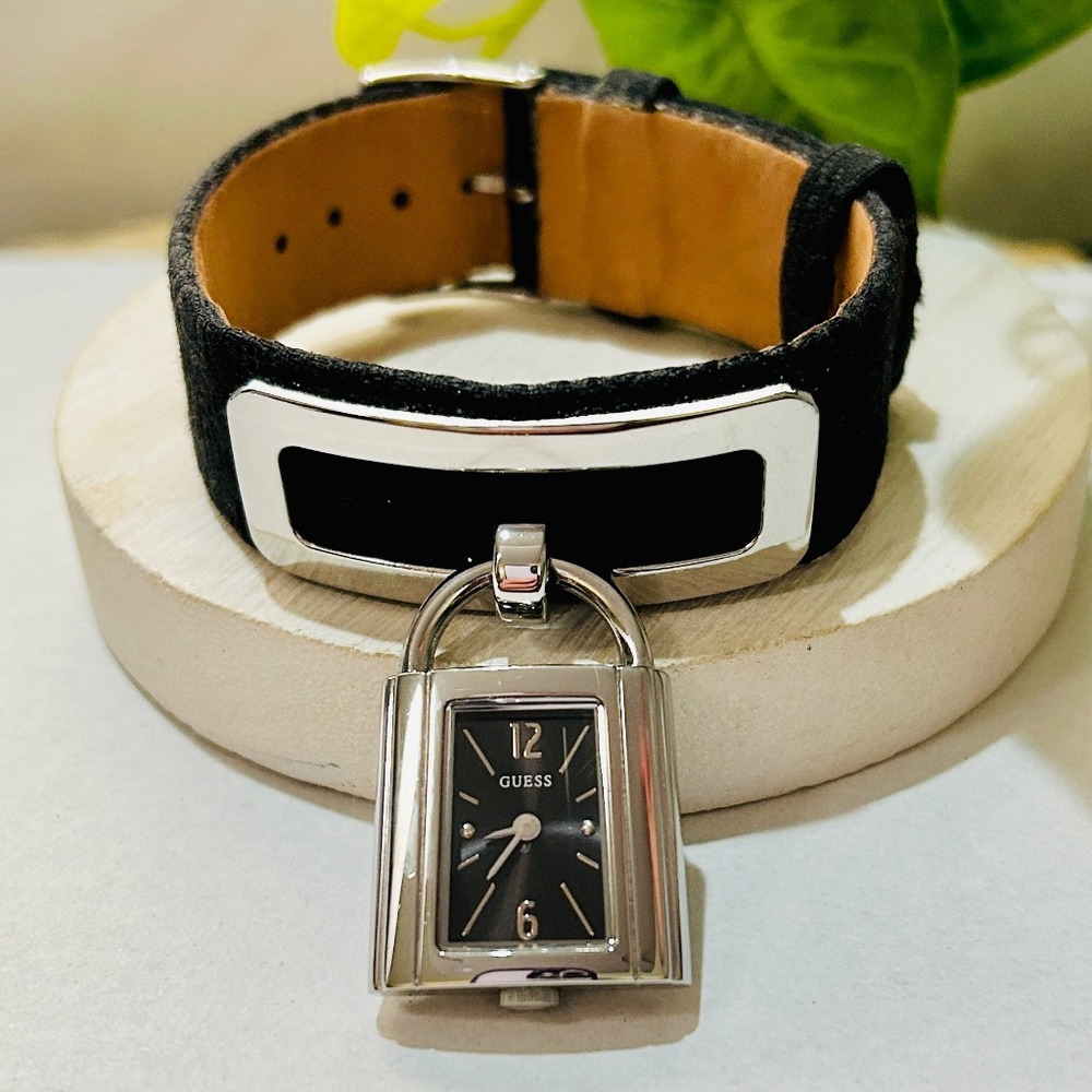 GUESS Padlock Watch with Black Signature Fabric Stainless Buckle Band